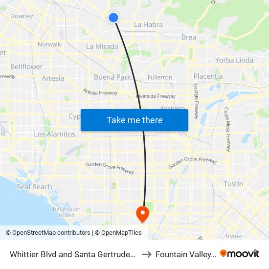 Whittier Blvd and Santa Gertrudes Ave S to Fountain Valley, CA map