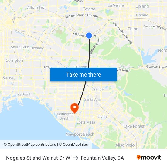 Nogales St and Walnut Dr W to Fountain Valley, CA map