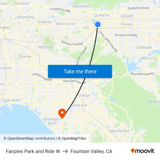 Fairplex Park and Ride W to Fountain Valley, CA map