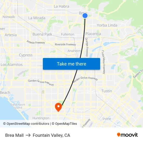 Brea Mall to Fountain Valley, CA map