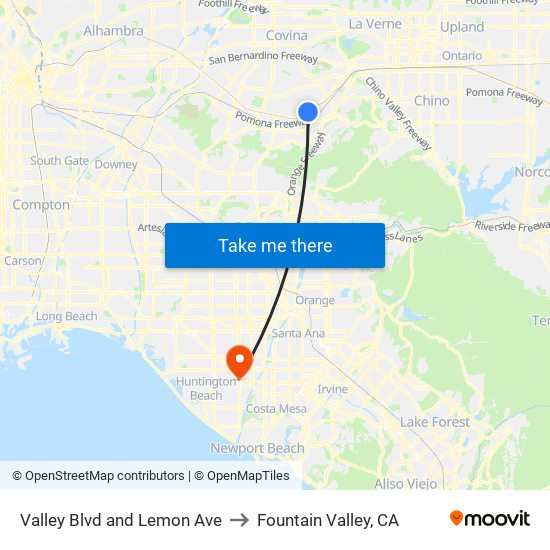 Valley Blvd and Lemon Ave to Fountain Valley, CA map