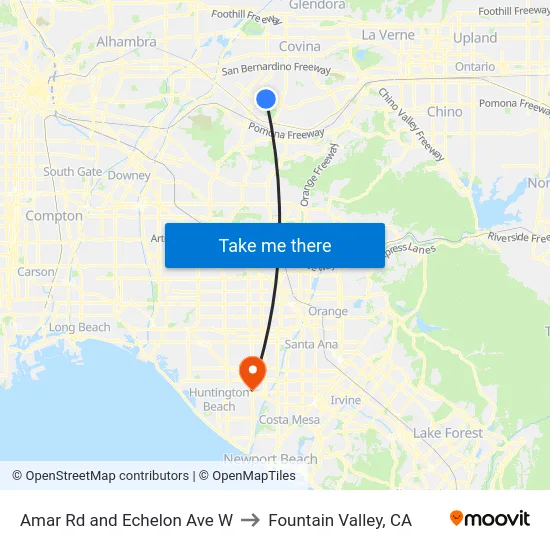 Amar Rd and Echelon Ave W to Fountain Valley, CA map