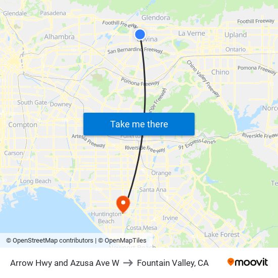 Arrow Hwy and Azusa Ave W to Fountain Valley, CA map