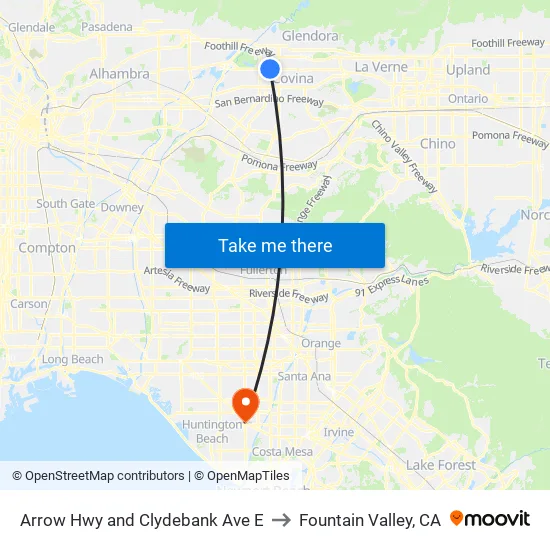 Arrow Hwy and Clydebank Ave E to Fountain Valley, CA map