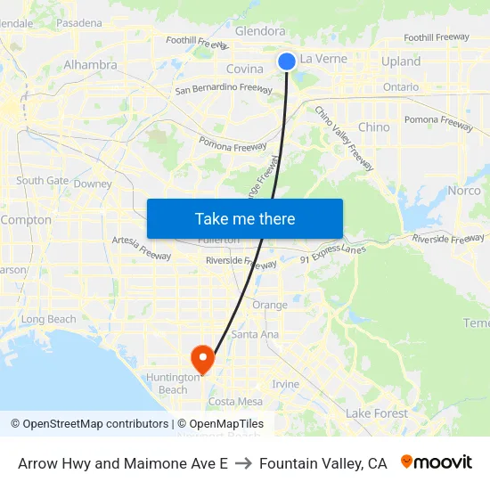 Arrow Hwy and Maimone Ave E to Fountain Valley, CA map