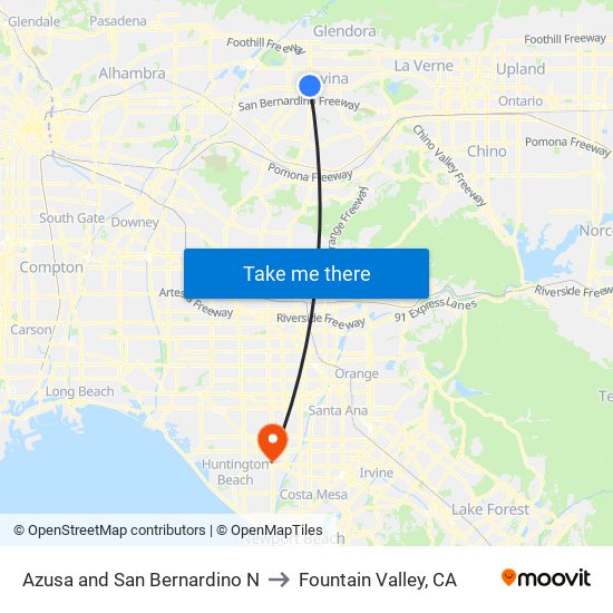 Azusa and San Bernardino N to Fountain Valley, CA map