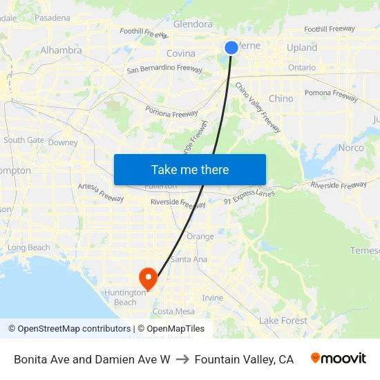 Bonita Ave and Damien Ave W to Fountain Valley, CA map