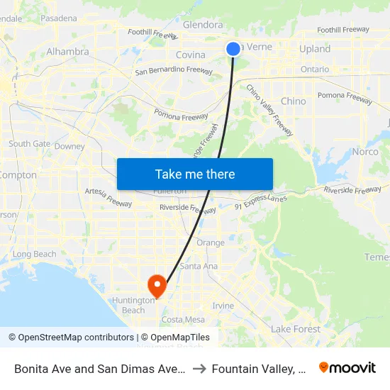 Bonita Ave and San Dimas Ave E to Fountain Valley, CA map