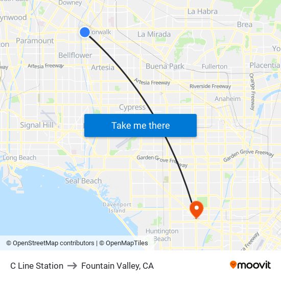 C Line Station to Fountain Valley, CA map