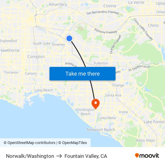Norwalk/Washington to Fountain Valley, CA map