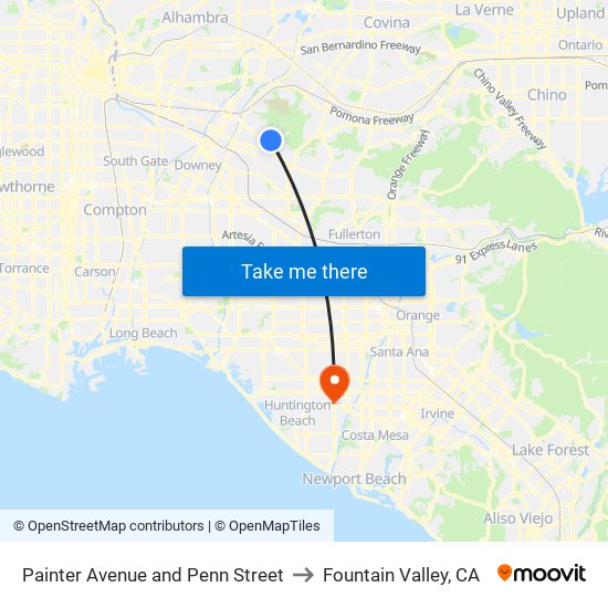 Painter Avenue and Penn Street to Fountain Valley, CA map