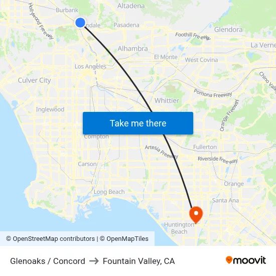 Glenoaks / Concord to Fountain Valley, CA map