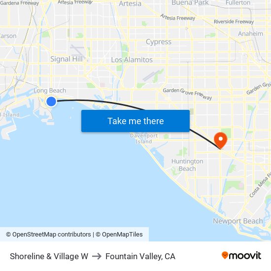 Shoreline & Village W to Fountain Valley, CA map