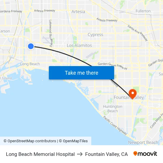 Long Beach Memorial Hospital to Fountain Valley, CA map