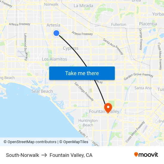 South-Norwalk to Fountain Valley, CA map