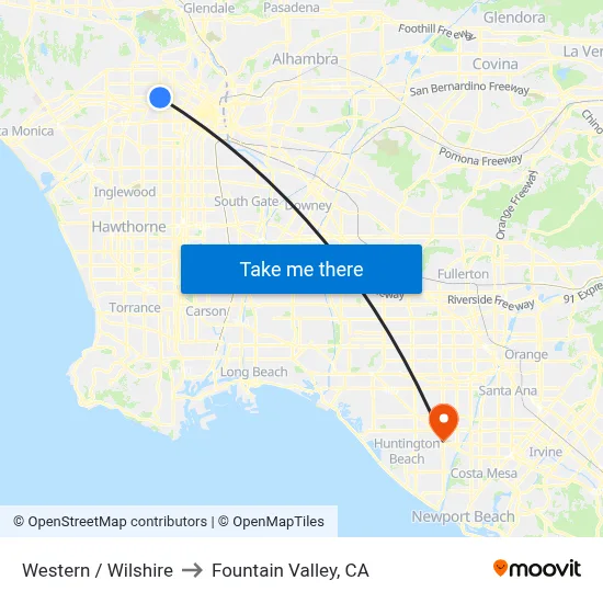 Western / Wilshire to Fountain Valley, CA map