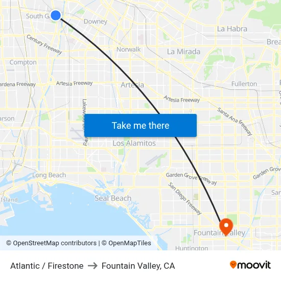Atlantic / Firestone to Fountain Valley, CA map