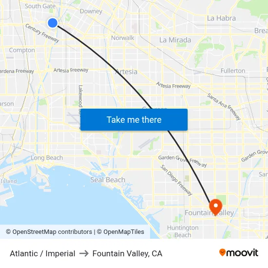 Atlantic / Imperial to Fountain Valley, CA map