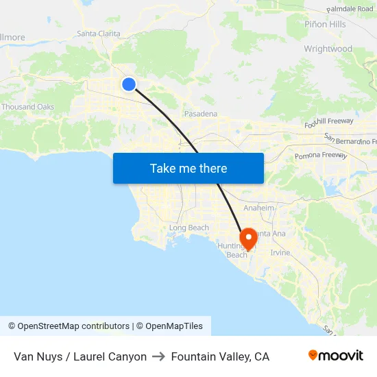 Van Nuys / Laurel Canyon to Fountain Valley, CA map
