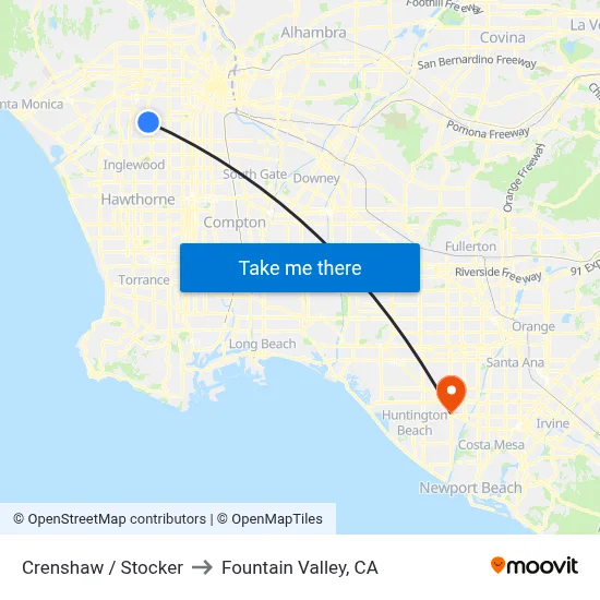 Crenshaw / Stocker to Fountain Valley, CA map
