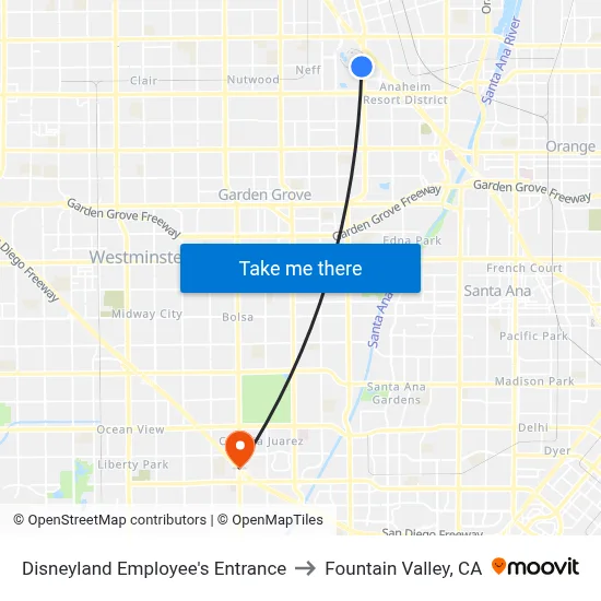 Disneyland Employee's Entrance to Fountain Valley, CA map