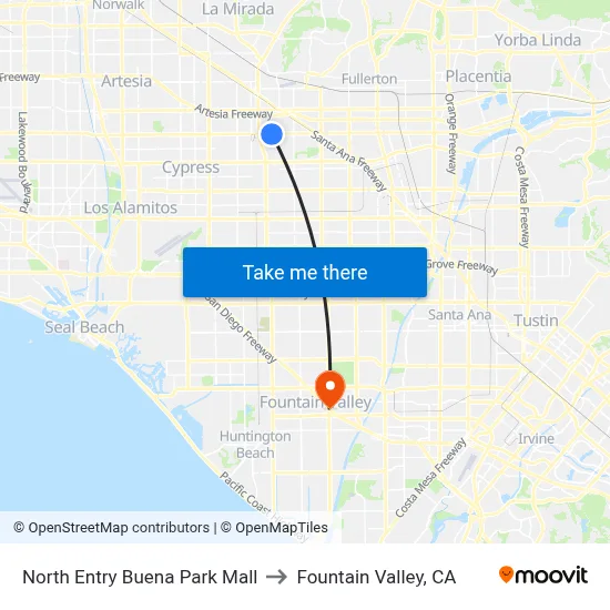 North Entry Buena Park Mall to Fountain Valley, CA map