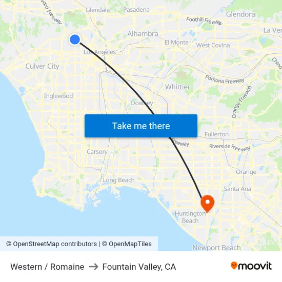 Western / Romaine to Fountain Valley, CA map