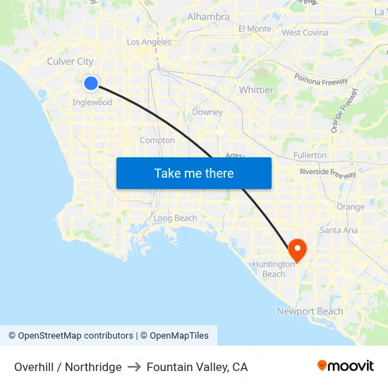 Overhill / Northridge to Fountain Valley, CA map