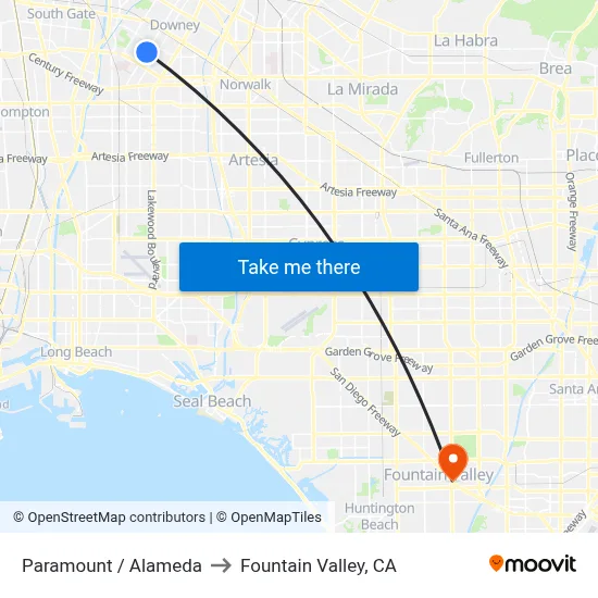 Paramount / Alameda to Fountain Valley, CA map