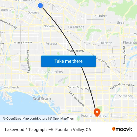 Lakewood / Telegraph to Fountain Valley, CA map