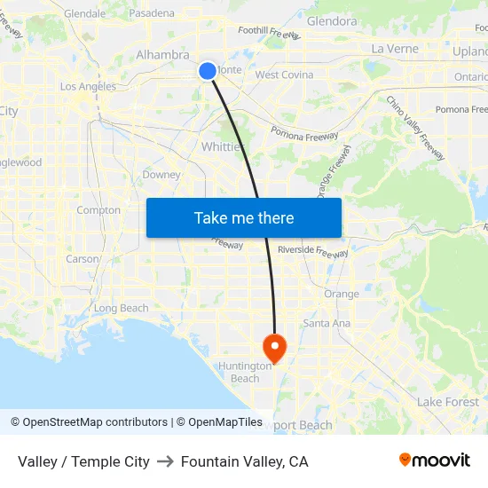 Valley / Temple City to Fountain Valley, CA map