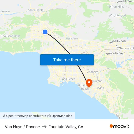 Van Nuys / Roscoe to Fountain Valley, CA map