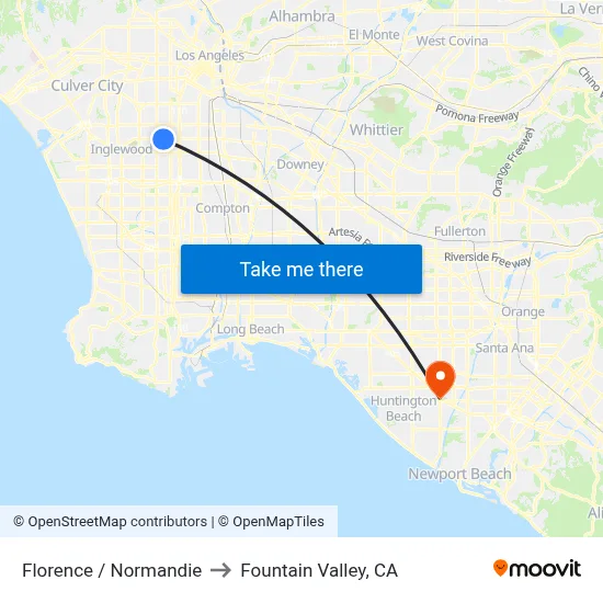 Florence / Normandie to Fountain Valley, CA map