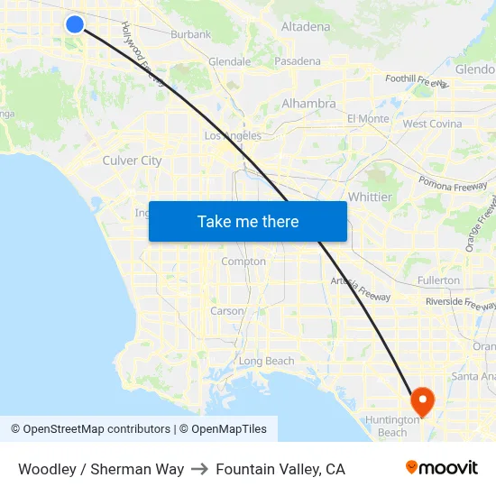 Woodley / Sherman Way to Fountain Valley, CA map