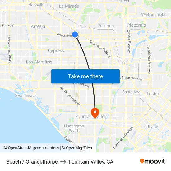 Beach / Orangethorpe to Fountain Valley, CA map