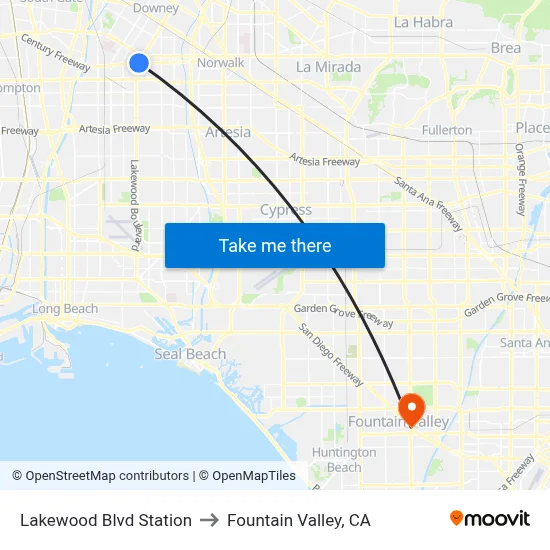 Lakewood Blvd Station to Fountain Valley, CA map