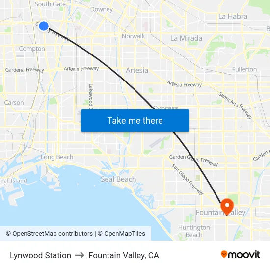 Lynwood Station to Fountain Valley, CA map