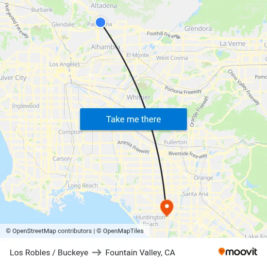 Los Robles / Buckeye to Fountain Valley, CA map
