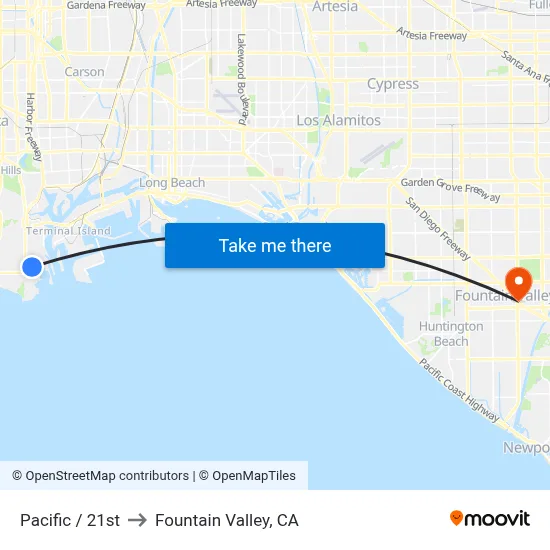 Pacific / 21st to Fountain Valley, CA map