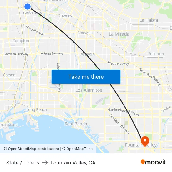State / Liberty to Fountain Valley, CA map