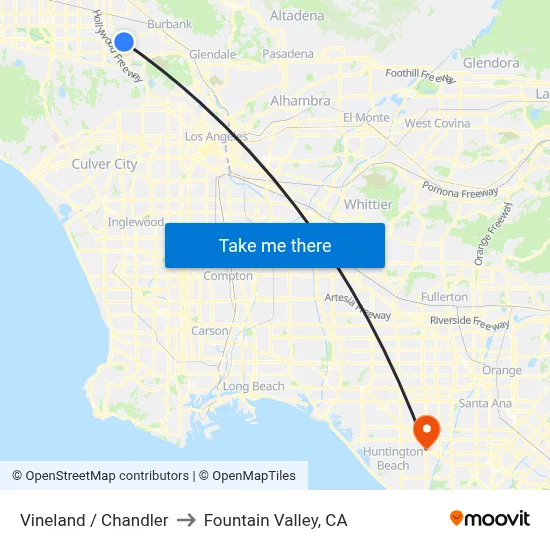 Vineland / Chandler to Fountain Valley, CA map