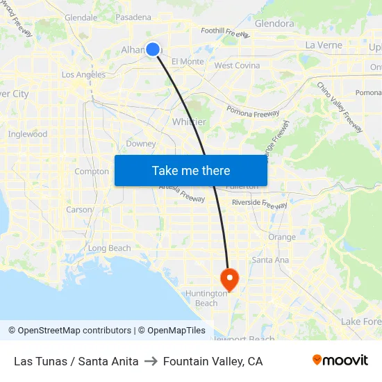 Las Tunas / Santa Anita to Fountain Valley, CA map