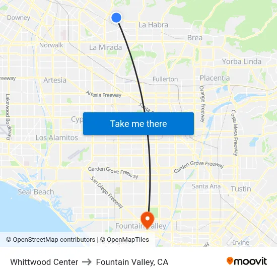 Whittwood Center to Fountain Valley, CA map