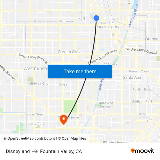 Disneyland to Fountain Valley, CA map