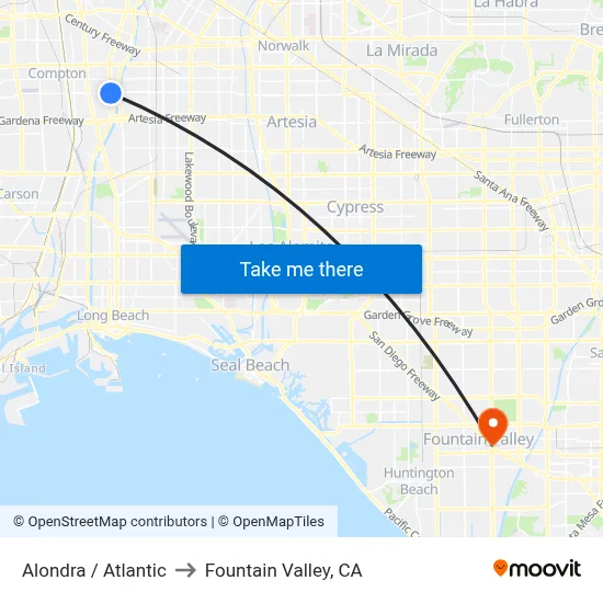 Alondra / Atlantic to Fountain Valley, CA map