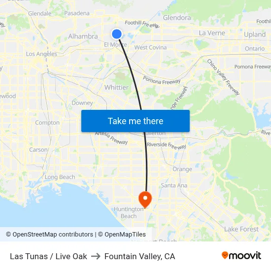 Las Tunas / Live Oak to Fountain Valley, CA map