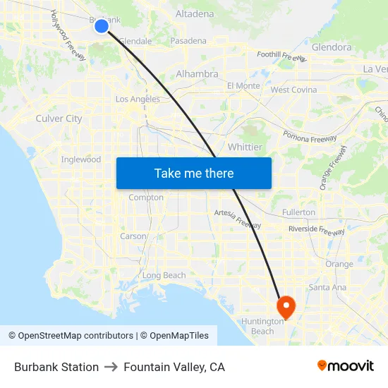 Burbank Station to Fountain Valley, CA map