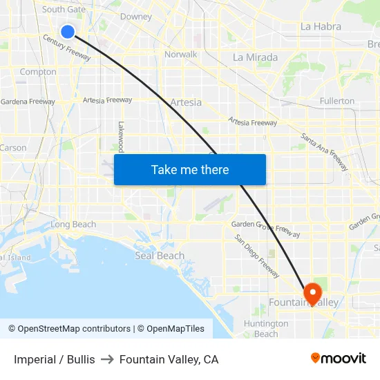 Imperial / Bullis to Fountain Valley, CA map