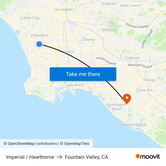 Imperial / Hawthorne to Fountain Valley, CA map