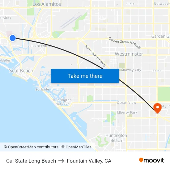 Cal State Long Beach to Fountain Valley, CA map